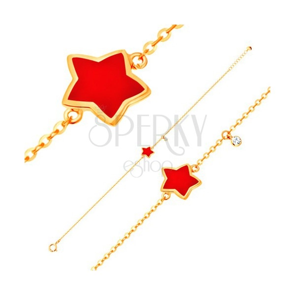 Zlatý náramok 585 s príveskami - hviezda s červenou glazúrou, číry zirkón