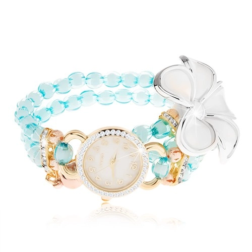 E-shop Šperky Eshop - Hodinky s korálkovým modrým náramkom, ciferník so zirkónmi, biely kvet Z12.01