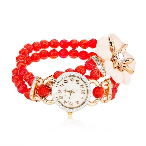 E-shop Šperky Eshop - Náramkové hodinky z červených korálok, ciferník so zirkónmi, biely kvet so zirkónom Z12.02