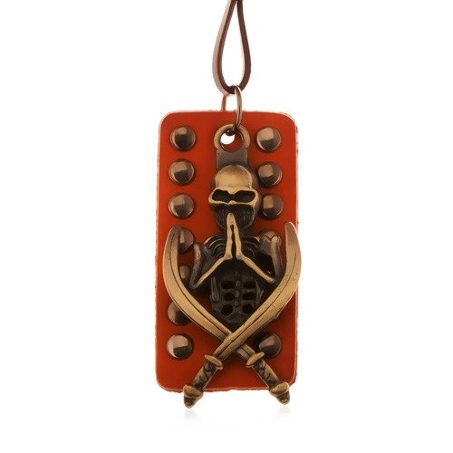 Nastaviteľný kožený náhrdelník - patinovaná kostra s mečmi, vybíjaný pás kože