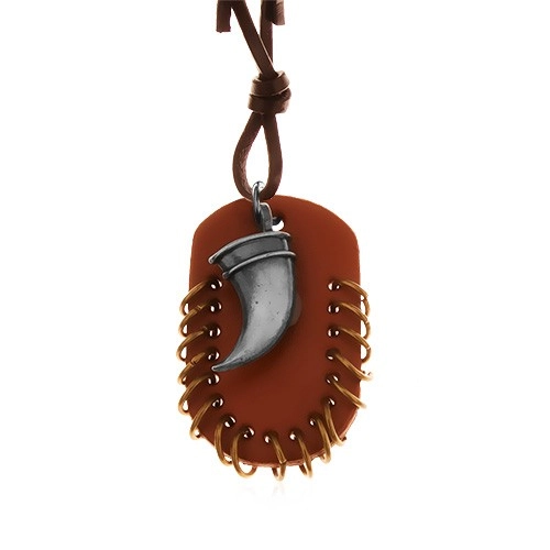 E-shop Šperky Eshop - Kožený náhrdelník, prívesky - hnedý ovál s malými krúžkami a zahnutý tesák Z17.04