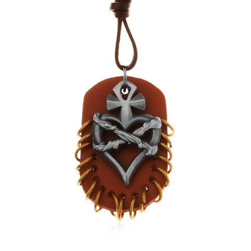 E-shop Šperky Eshop - Náhrdelník z umelej kože, prívesky - hnedý ovál s krúžkami, srdce s krížom a drôtom Z17.10