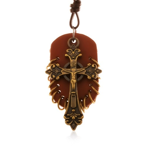 E-shop Šperky Eshop - Kožený náhrdelník, prívesky - hnedý ovál s malými krúžkami a keltský kríž Z18.05