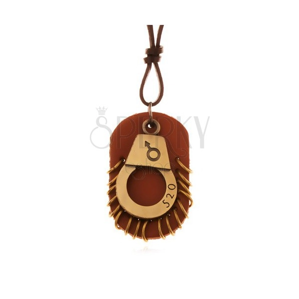 Kožený náhrdelník - nastaviteľný, putá s číslom, hnedá známka s kruhmi