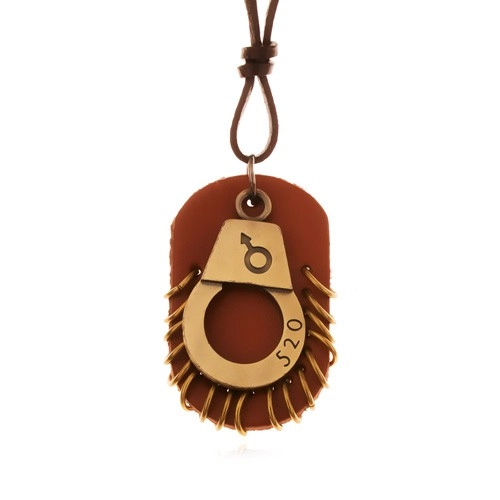 E-shop Šperky Eshop - Kožený náhrdelník - nastaviteľný, putá s číslom, hnedá známka s kruhmi Z19.01