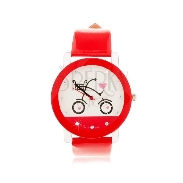Červeno-biele náramkové hodinky, veľký ciferník s obrázkom bicykla