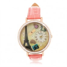 Analógové hodinky, ružový remienok, ciferník s motívom Paríža, číre zirkóny