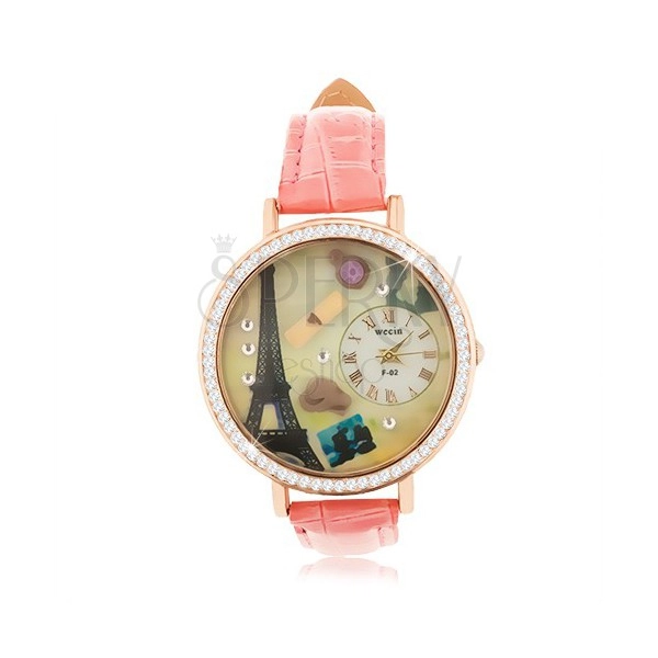 Analógové hodinky, ružový remienok, ciferník s motívom Paríža, číre zirkóny