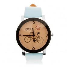 Náramkové hodinky, veľký ciferník s obrázkom bicykla, svetlomodrý remienok