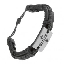 Čierny kožený náramok so šnúrkami, obdĺžnik s vyrytým barličkovým krížom