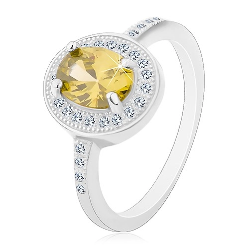 Ródiovaný prsteň, striebro 925, oválny svetlozelený zirkón, číry zirkónový lem - Veľkosť: 65 mm