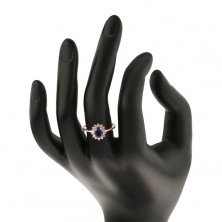 Strieborný 925 prsteň medenej farby, tmavomodrý oválny zirkón s čírou obrubou