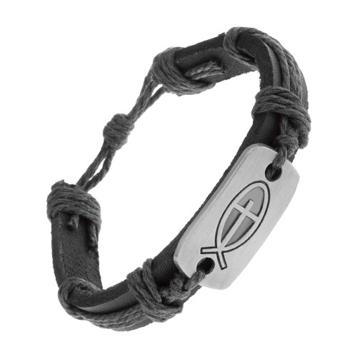 E-shop Šperky Eshop - Čierny náramok zo syntetickej kože a šnúrok, lesklá známka - rybka s krížom Z21.20