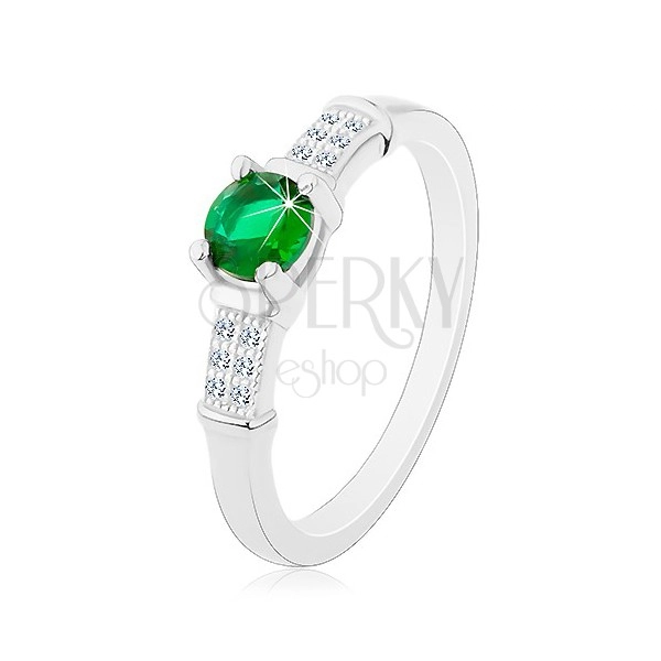 Zásnubný prsteň, striebro 925, zirkónové ramená, okrúhly zelený zirkón