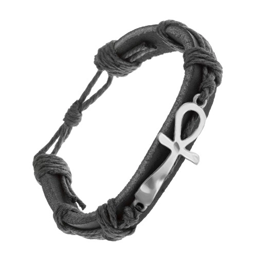 E-shop Šperky Eshop - Čierny kožený náramok so šnúrkami, nílsky kríž striebornej farby Z22.07