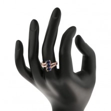 Strieborný 925 prsteň v medenom odtieni, tmavomodré brúsené ovály, zvlnené ramená