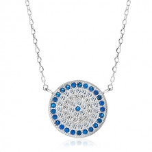 Ródiovaný náhrdelník, striebro 925, kruh s modrými a čírymi zirkónmi