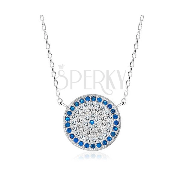 Ródiovaný náhrdelník, striebro 925, kruh s modrými a čírymi zirkónmi