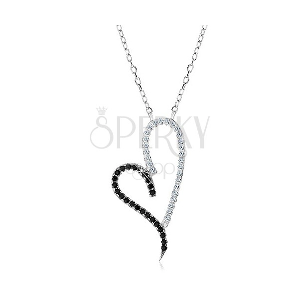 Strieborný náhrdelník 925, obrys asymetrického srdca, číre a čierne zirkóniky