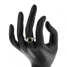 Zásnubný ródiovaný prsteň, striebro 925, oválny zelený zirkón, ligotavé špirály