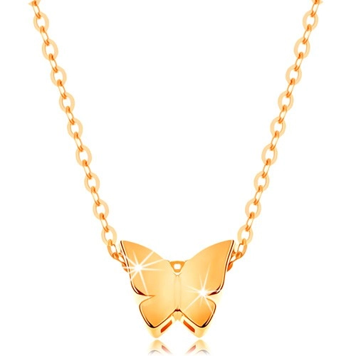 Zlatý 14K náhrdelník - lesklá retiazka, malý motýľ s hladkým povrchom