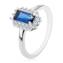 Ródiovaný prsteň, striebro 925, obdĺžnikový modrý zirkón, číry zirkónový lem