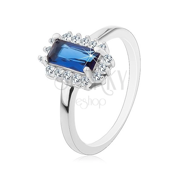 Ródiovaný prsteň, striebro 925, obdĺžnikový modrý zirkón, číry zirkónový lem