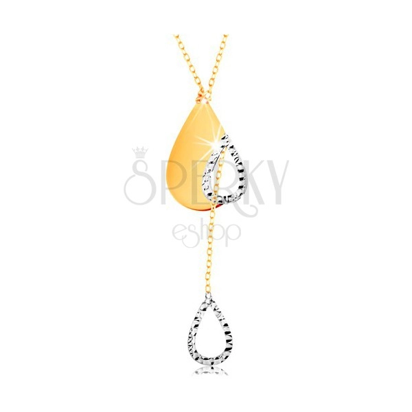 Zlatý 14K náhrdelník - jemná retiazka, slza s výrezom a visiaci obrys kvapky