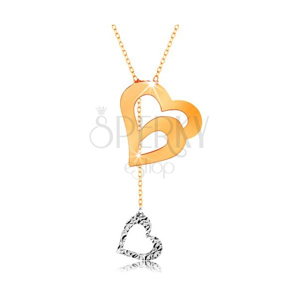 Zlatý náhrdelník 585 - jemná retiazka, dvojitá kontúra srdca a visiace srdiečko