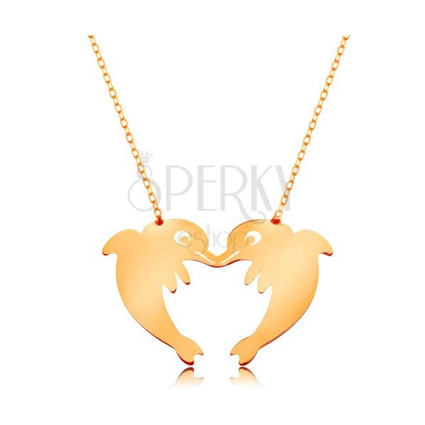 Zlatý 14K náhrdelník - jemná retiazka, dva delfíny tvoriace obrys srdca