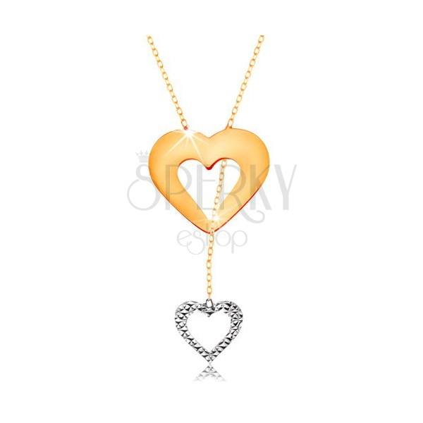 Náhrdelník v 14K zlate - jemná retiazka, obrys srdca a visiaceho srdiečka