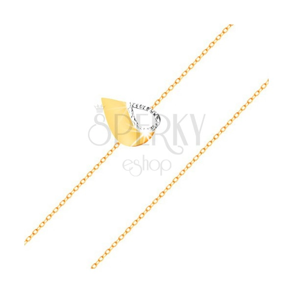Zlatý 14K náramok - tenká retiazka, dvojfarebná plochá slza s výrezom