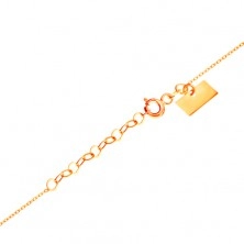Zlatý 14K náramok - jemná retiazka, lesklý plochý kruh, kontúra srdca z bieleho zlata