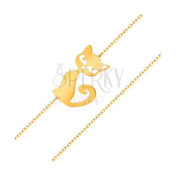 Zlatý náramok 585 - jemná ligotavá retiazka, plochý prívesok - mačička