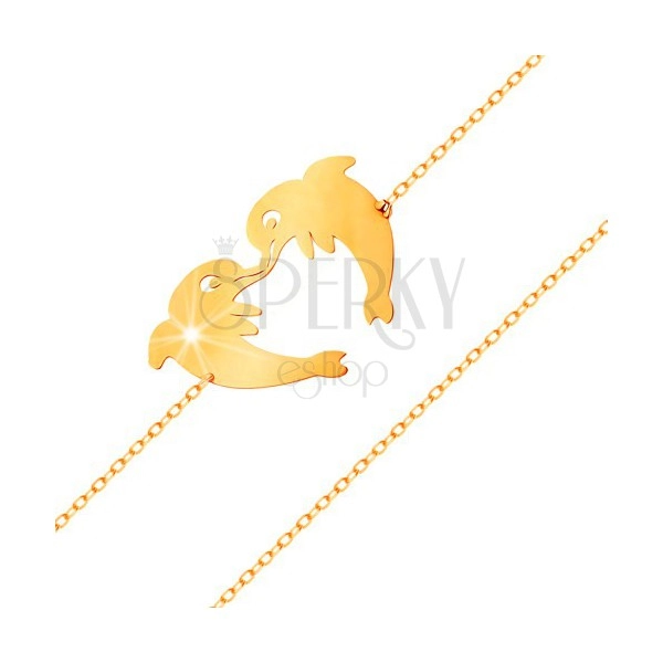 Zlatý náramok 585 - dva delfíny tvoriace kontúru srdiečka, jemná retiazka