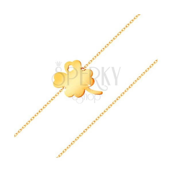 Náramok zo žltého 14K zlata - štvorlístok s výrezom srdiečka, lesklá retiazka