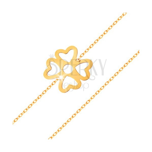 Náramok zo žltého zlata 585 - symbol šťastia - štvorlístok s výrezmi, lesklá retiazka