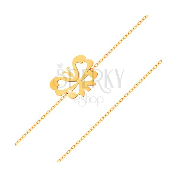 Náramok v žltom 14K zlate - jemná retiazka, plochý motýlik s vyrezávanými krídlami