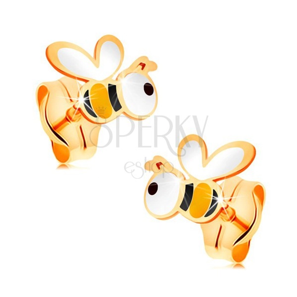 Zlaté náušnice 585 - roztomilé včeličky s farebnou glazúrou, puzetky