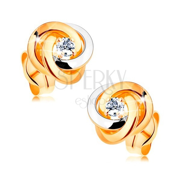 Zlaté 14K náušnice - dvojfarebný uzol z troch obručí, okrúhly číry zirkón v strede
