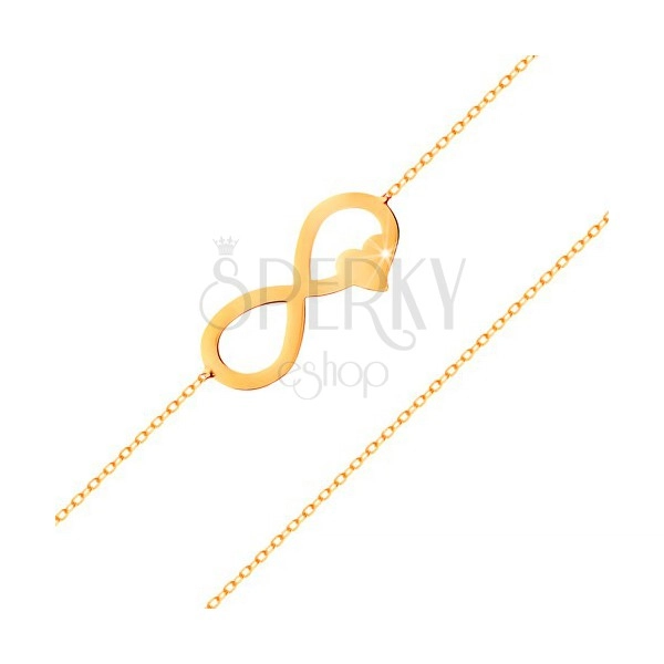 Zlatý náramok 585 - tenká retiazka, plochý symbol nekonečna so srdiečkom