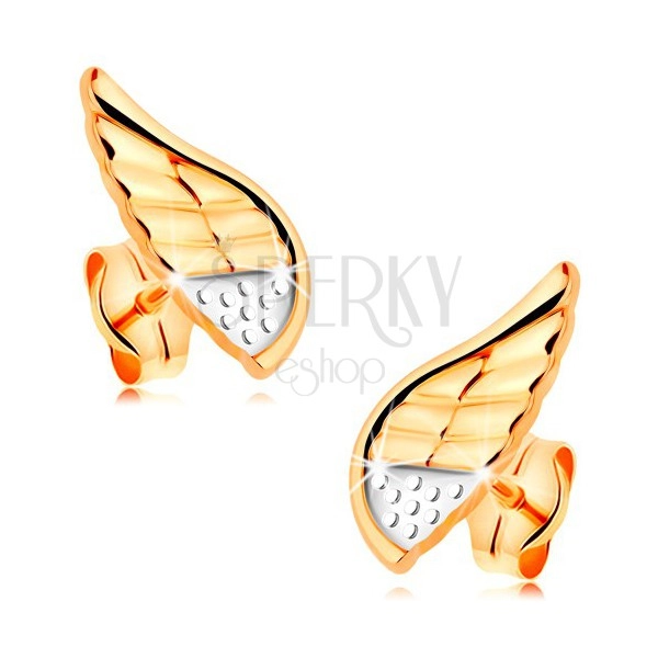 Náušnice v kombinovanom 14K zlate - ligotavé anjelské krídlo s bodkami a zárezmi