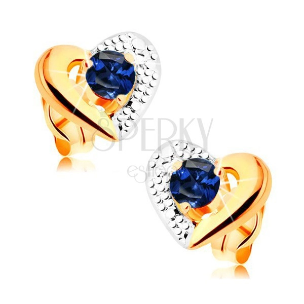 Zlaté náušnice 585 - dvojfarebný obrys srdca, gravírovanie, modrý zafír