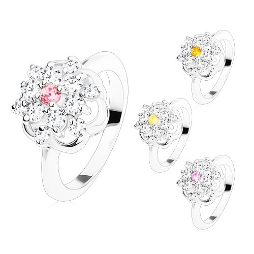 Žiarivý prsteň s lesklými ramenami, brúsené farebné zirkóny, kontúra kvetu - Veľkosť: 49 mm, Farba: Ružová