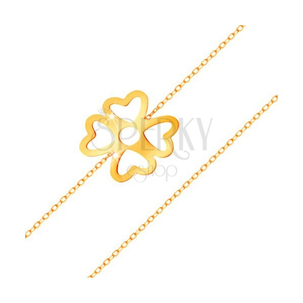 Náramok zo žltého zlata 585 - štvorlístok pre šťastie s výrezmi, lesklá retiazka