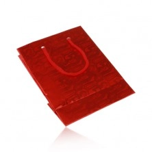 Malá červená taštička na darček s abstraktným vzorom, červené šnúrky