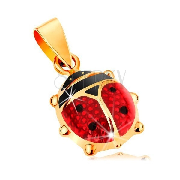 Zlatý 14K prívesok - väčšia vypuklá lienka pokrytá červenou a čiernou glazúrou