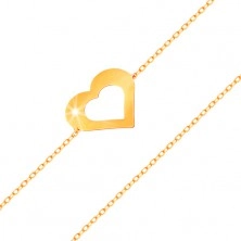 Náramok zo žltého 14K zlata - jemná retiazka, plochý obrys srdca, lesklý hladký povrch