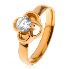 Lesklý oceľový prsteň v zlatom odtieni, obrys kvietka s čírym zirkónom