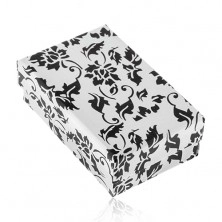 Biela darčeková krabička na prsteň a náušnice, čierny motív kvetov a listov